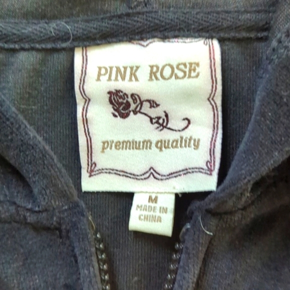 Pink Rose Hoodie Velour Black Size M Fluer de Lis - Picture 5 of 11